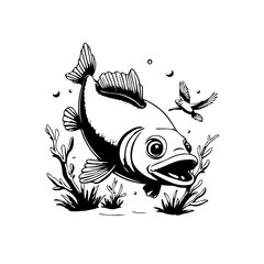 Detailed illustration of a fish with an open mouth surrounded by plants and a bird flying near by