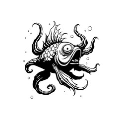Intricate black and white fish illustration with whimsical octopus tentacles a captivating aquatic fusion design for creative projects
