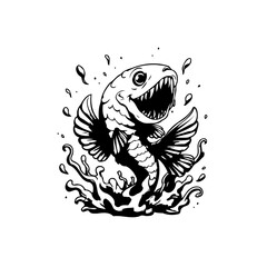 Stylized fish illustration with wings and water splashes in black and white vector artwork