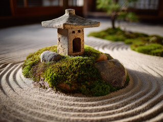 Serene Zen Garden: Stone Lantern, Moss, and Raked Sand