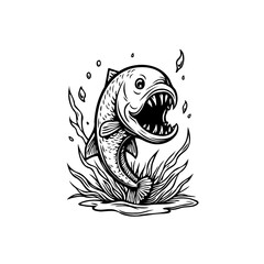 Detailed line art illustration of an aggressive fish with sharp teeth jumping out water surrounded seaweed