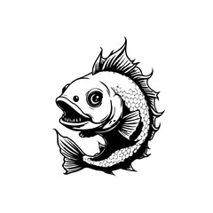 Detailed black and white illustration showcasing a fish with open mouth and intricate scales great design