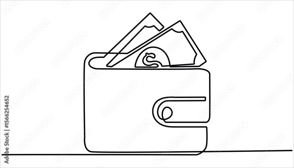 Poster continuous one line drawing of wallet with paper money. single one continuous line drawing of dollar