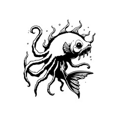 Eerie aquatic creature with tentacles and sharp teeth in monochromatic artistic illustration fantasy underwater realm