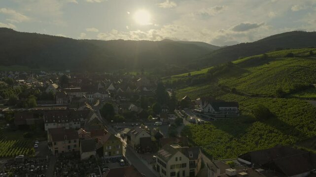 Aerial view of Riquewihr Vinyards and Alsacian Village on the Route des Vins in Alsace