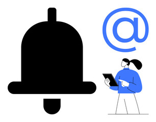 Black notification bell, blue email symbol, and person holding a tablet represent alert systems, email notifications, and digital interaction. Ideal for apps, networks, communication, technology