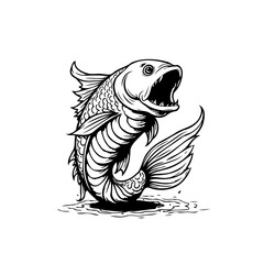 Detailed black and white drawing of a fish with its mouth open illustration displaying underwater life