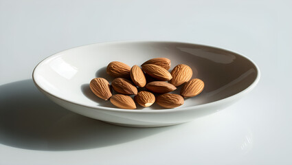 Oval white bowl filled with raw almonds, styled simply and elegantly on a white isolated background.