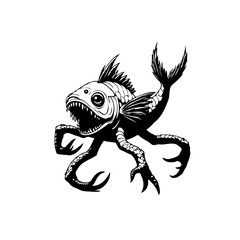 Monstrous creature design showcasing menacing fish features and reptile-like limbs in black and white illustration