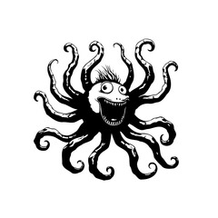 Cartoonish black and white vector drawing of a grinning cartoon octopus monster with menacing eyes tentacles