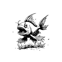 Fierce creature from the depths illustration with angry fish and sharp teeth depiction in cartoon design style art