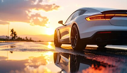 White Electric Vehicle Reflected On Wet Asphalt At Sunset After Summer Rain Shower