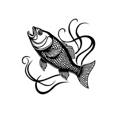 Striking black and white illustration of a fish with seaweed offering a vintage aesthetic and simplicity
