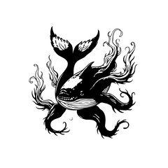 Monochrome killer whale with tentacles illustration for sea creatures or mythical marine life themed designs projects