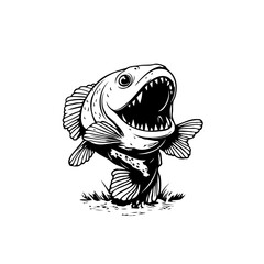 Intense black and white illustration of a snakehead fish with its mouth wide open showcasing teeth