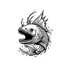Aggressive piranha fish with sharp teeth black and white vector illustration perfect for prints