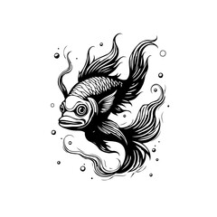 Mystical monochrome fish illustration with flowing fins and bubbles creating a captivating aquatic aesthetic design