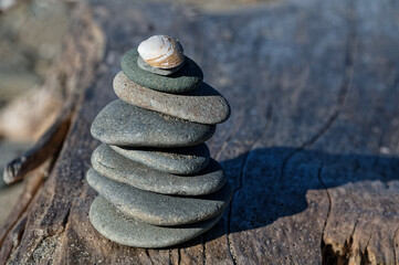 A stack of stones is topped off with a sea shell.