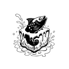 Monochrome fish frozen in ice cube illustration conveying the cold concept with artistic design and details