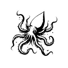 Elegant black and white squid illustration displaying a minimalist sea creature isolated on white background portraying simplicity