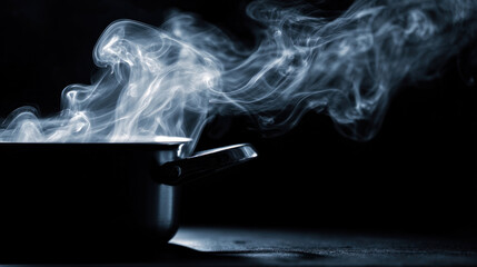 White steam coming off a hot saucepan, industrial kitchen setup in silhouette against black, focus on realistic steam shape and motion.