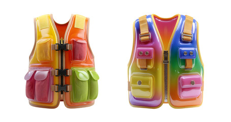 Brightly colored safety vests in minimalist style, featuring vibrant hues and practical pockets, perfect for outdoor activities and safety