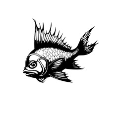 Detailed black and white illustration of a tropical fish swimming gracefully in the ocean aquatic life