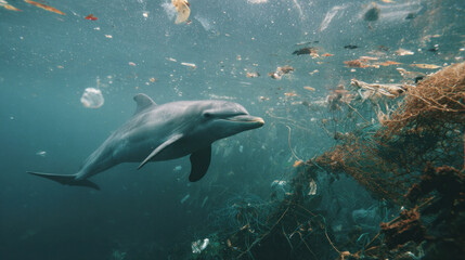 Fototapeta premium Wide shot of a dolphin swimming through layers of garbage and synthetic waste, broken fishing gear floating around, emotional tone highlighting environmental destruction