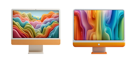 Vibrant display of two modern computer monitors showcasing colorful abstract backgrounds, emphasizing minimalist design aesthetic