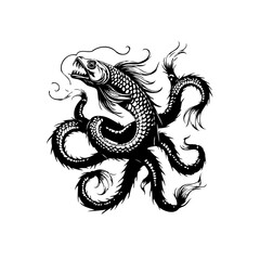 Intricate black and white illustration of a fearsome sea serpent with tentacles and scales depicting ancient mythology