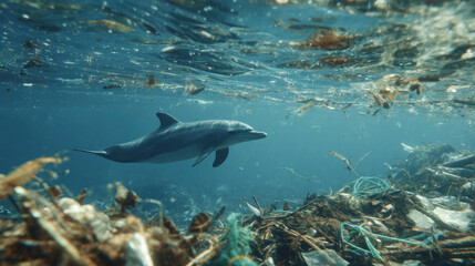 Naklejka premium Wide shot of a dolphin swimming through layers of garbage and synthetic waste, broken fishing gear floating around, emotional tone highlighting environmental destruction