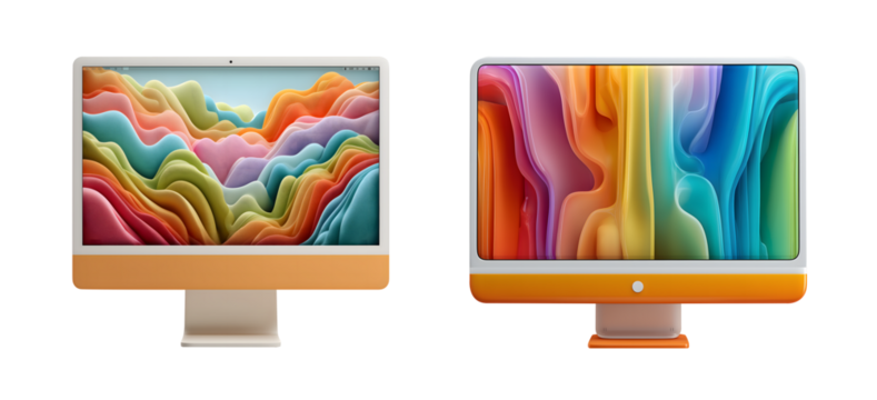 Vibrant display of two modern computer monitors showcasing colorful abstract backgrounds, emphasizing minimalist design aesthetic