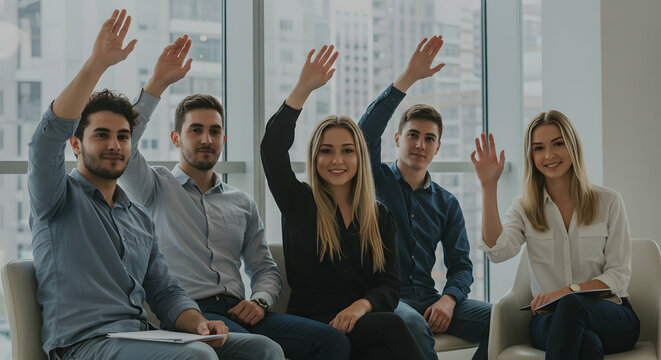 A diverse group of professionals in a modern office raising their hands during a team meeting or discussion, demonstrating engagement, collaboration, and active participation. - Powered by Adobe