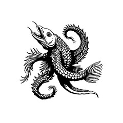 Mystical sea creature vector illustration embodying a blend of fish and reptile features with an artistic silhouette