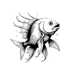 Detailed Black and White Illustration of a Fancy Goldfish Swimming Gracefully in an Aquatic Environment