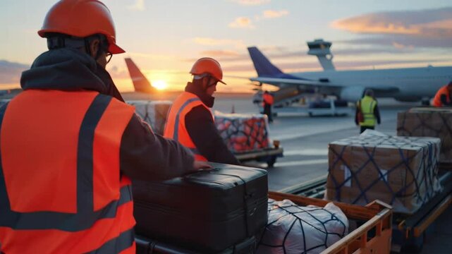 Baggage handlers load suitcases onto airplane at sunset, creating busy scene	