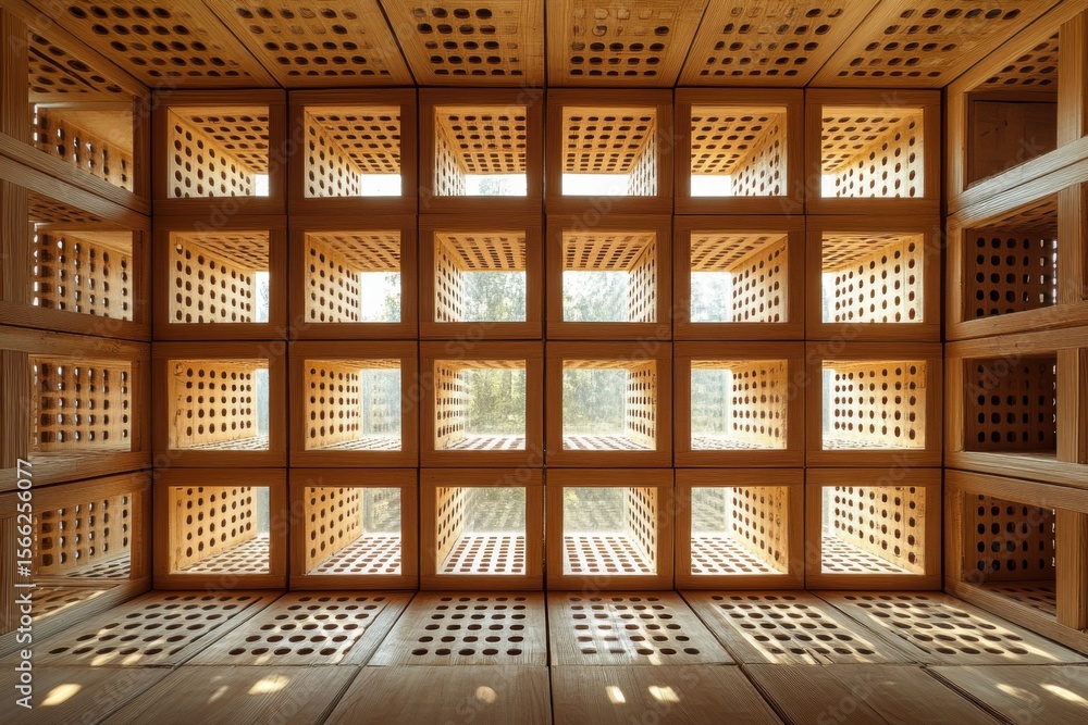 Poster intricate view of wooden cube structure with open grid design