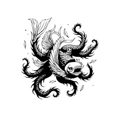 An intriguing black and white illustration of a fantasy fish creature with octopus tentacles design art
