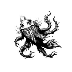 Detailed monochrome illustration of a fantasy fish creature with expressive eyes in an artistic style drawing