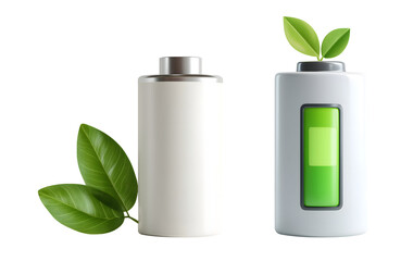 Eco friendly battery design featuring cylindrical battery and rectangular battery, both adorned with green leaves, symbolizes sustainability