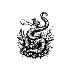 Enigmatic serpent coiled amidst dark foliage, illustration depicting mythical garden of a fantasy creature, a serpentine