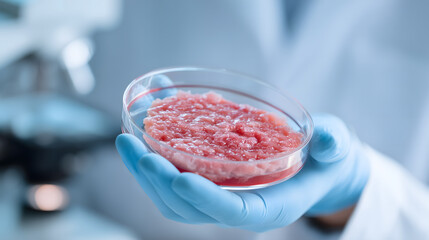 Lab scientist holding cultured meat in petri dish, showcasing innovation in food technology and sustainable alternatives