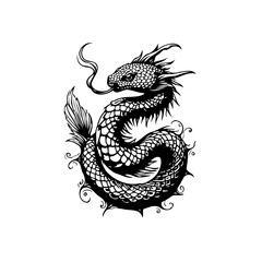 Intricate depiction of a mythical dragon in detailed black and white art work, symbolizing power fantasy art, folklore