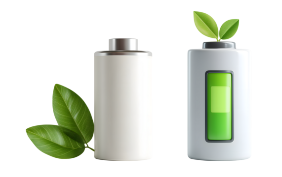 Eco friendly battery design featuring cylindrical battery and rectangular battery, both adorned with green leaves, symbolizes sustainability