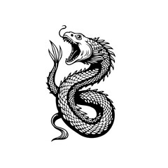 Detailed monochrome illustration displaying a stylized serpent featuring intricate linework creating a captivating mythical creature