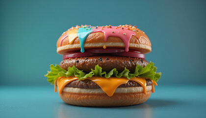 Whimsical fantasy burger with candy-colored icing drips, rainbow sprinkles, vibrant lettuce, juicy patties, and melted cheese on a pastel background — surreal food fusion ideal for creative culinary a