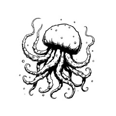 Illustration of an impressive jellyfish in black and white showing sea animal design ink art marine biology ocean creature tattoo style