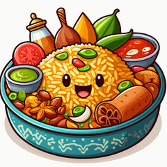 Cartoon rendering of a dish containing rice and various colorful ingredients, presented in a teal-colored bowl, exhibiting a playful, joyful expression.