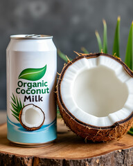 Fresh Coconut Milk Can with Halved Coconut and Green Palm Leaves on Wooden Surface
