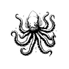 Monochrome creepy kraken with tentacles and spooky eyes isolated on white background for halloween design